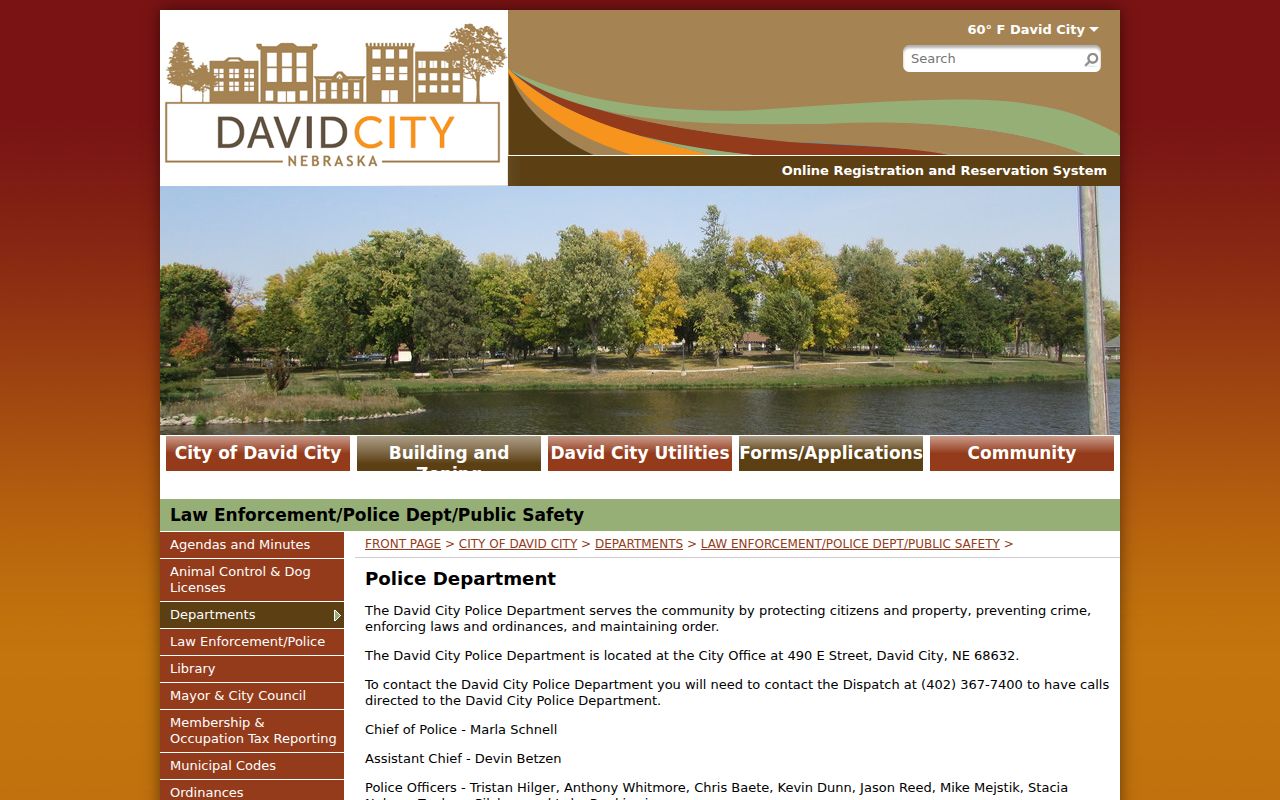 Official David City Police Department source with city-office routing details